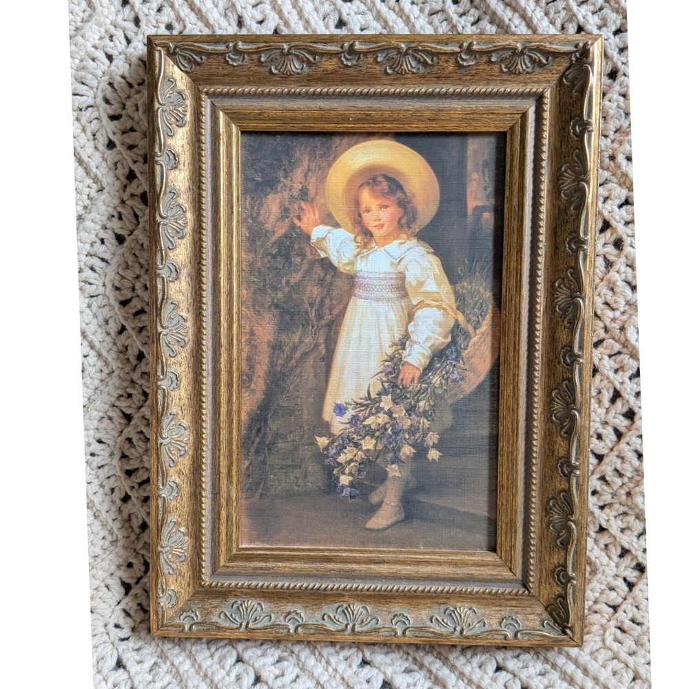 Vintage Framed Print Young Girl with Flowers Victorian Style Ornate Gold Frame